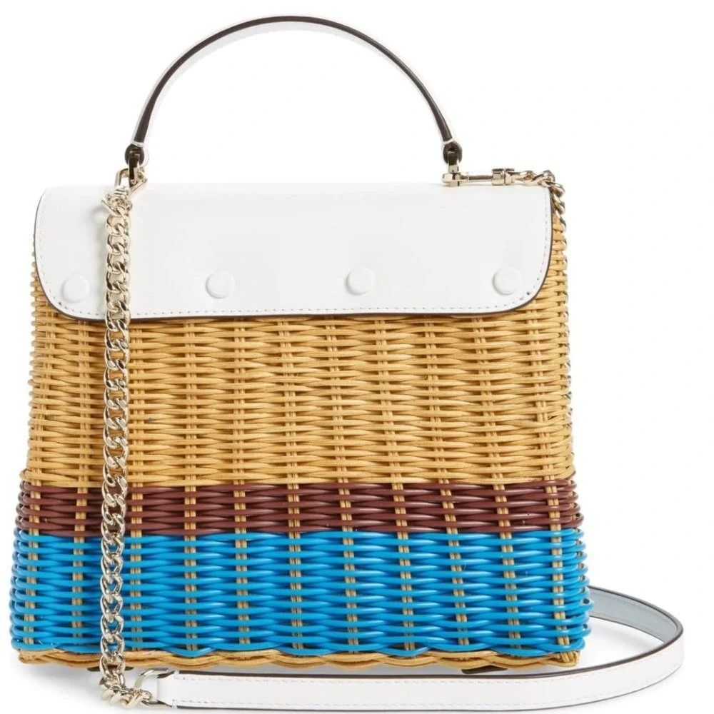 Kate Spade Romy Wicker Medium Top Handle Bag White Blue Woven